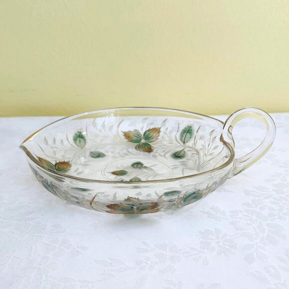 Antique Moser Bohemian Etched Glass Nappy Dish Handle Spout Gold Gilt Heart - Picture 6 of 11